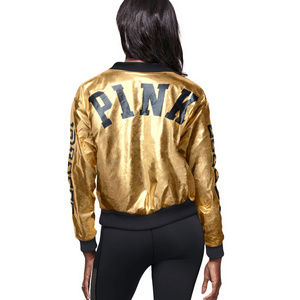 Victoria's Secret PINK Gold Black Metallic Bomber Varsity Jacket